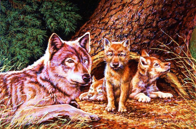 Wolf Family in Den — Brown, Calm