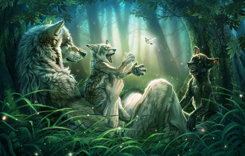 Wolf Family in Forest — Green, Serene, Night