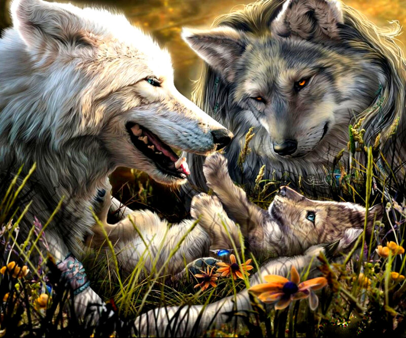 Wolf Family in Grass — White, Peaceful