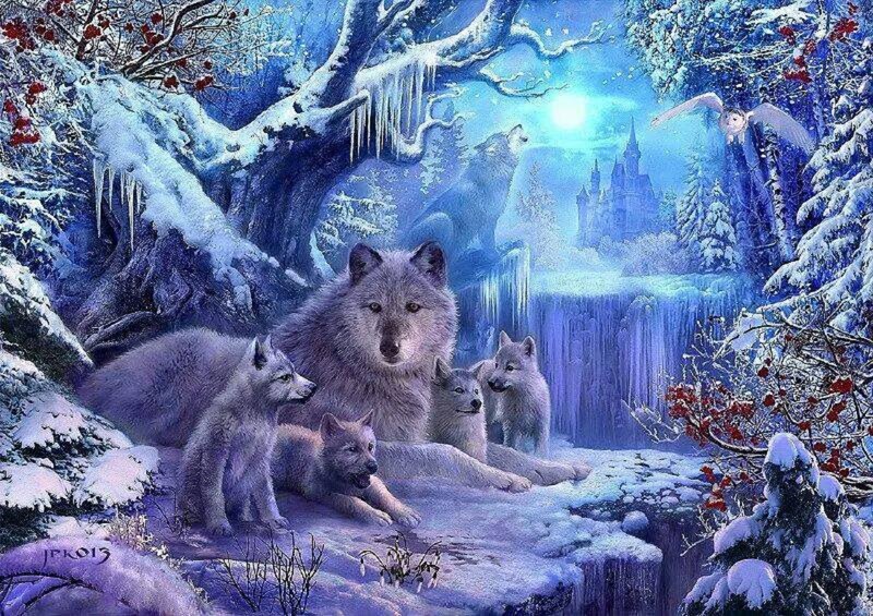 Wolf Family in Snow — Blue