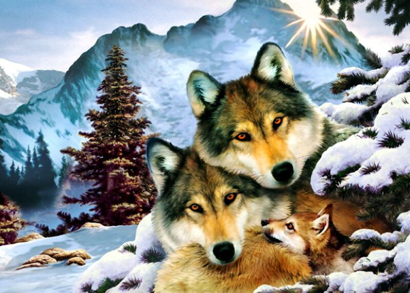 Wolf Family in Snow — White, Serene