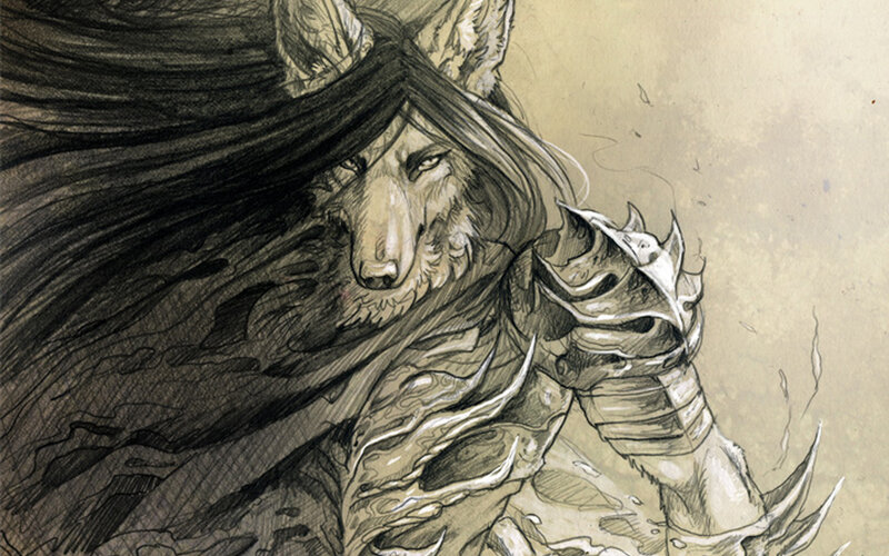 wolf-headed warrior in armor