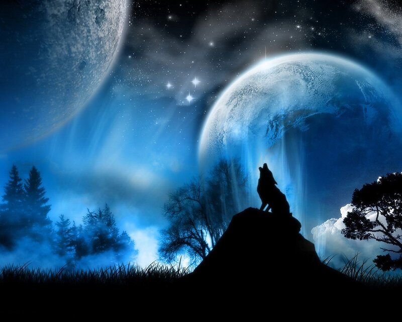 Wolf howling at alien moons