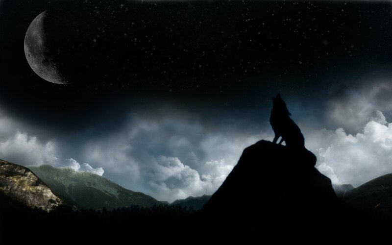 Wolf Howling at Moon — Black, Dramatic, Night, Digital Art, Clouds, Mountains, Gray
