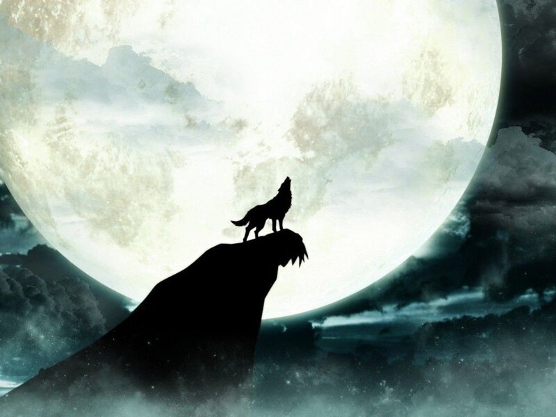Wolf Howling at Moon — Black, Dramatic, Night, Digital Art, Clouds