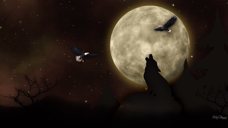 Wolf Howling at Moon — Black, Dramatic, Night, Digital Art, Eagle