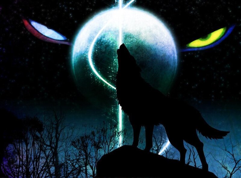 Wolf Howling at Moon — Black, Dramatic, Night, Digital Art, Eyes, Trees