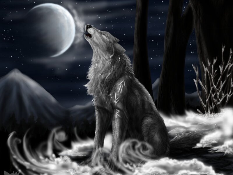 Wolf Howling at Moon — Black, Dramatic, Night, Digital Art, Forest