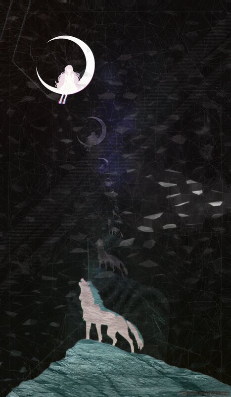 Wolf Howling at Moon — Black, Dramatic, Night, Digital Art, Girl