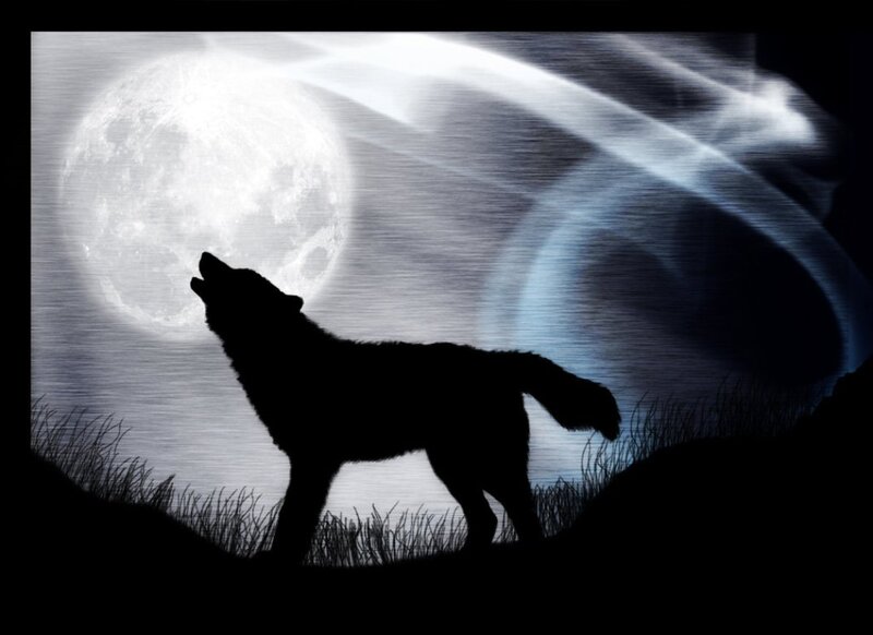 Wolf Howling at Moon — Black, Dramatic, Night, Digital Art, Grass