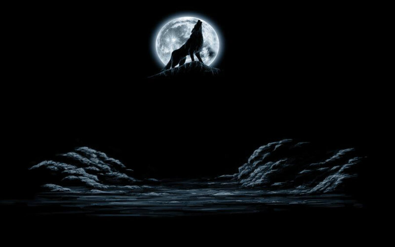 Wolf Howling at Moon — Black, Dramatic, Night, Digital Art, Rock, Water