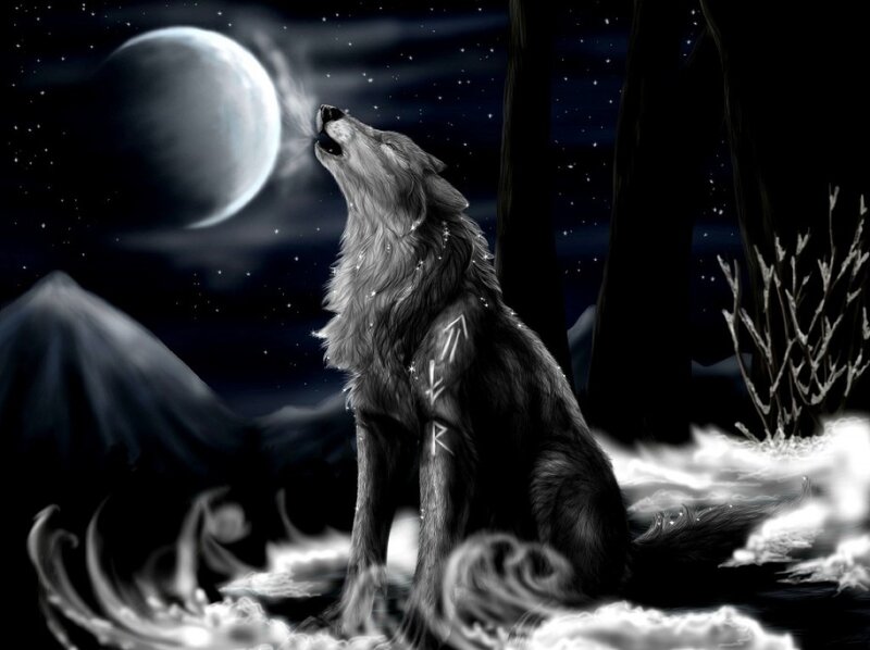 Wolf Howling at Moon — Black, Dramatic, Night, Digital Art, Stars, Snow