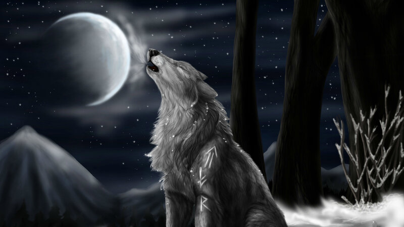 Wolf Howling at Moon — Black, Dramatic, Night, Digital Art, Stars, Trees