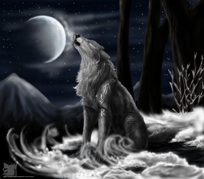 Wolf Howling at Moon — Black, Dramatic, Night, Digital Art, Trees, Snow