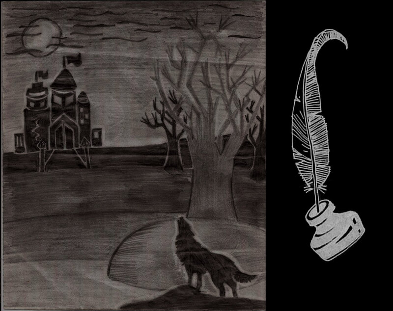 Wolf Howling at Moon — Black, Dramatic, Night, Illustration, Castle