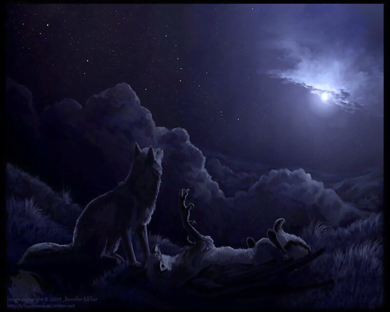 Wolf Howling at Moon — Blue, Dramatic, Night, Digital Art, Clouds, Deer