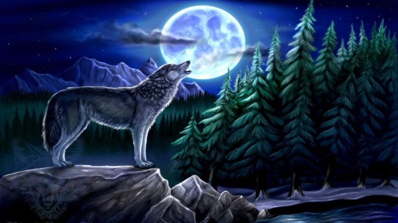 Wolf Howling at Moon — Blue, Dramatic, Night, Digital Art, Forest, Mountains