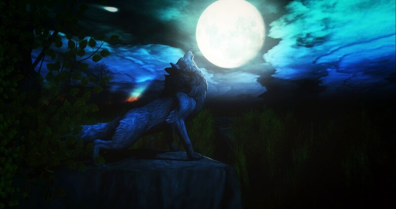 Wolf Howling at Moon — Blue, Dramatic, Night, Digital Art, Forest, Rock