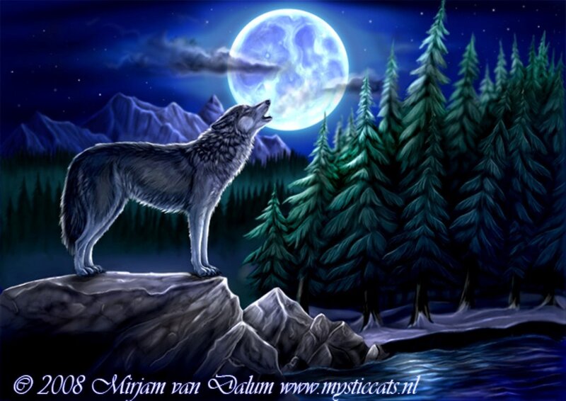 Wolf Howling at Moon — Blue, Dramatic, Night, Digital Art, Forest