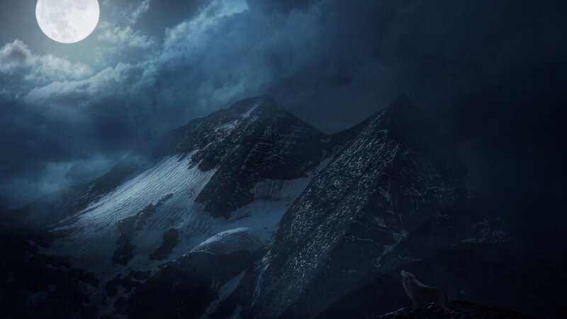 Wolf Howling at Moon — Blue, Dramatic, Night, Digital Art, Mountain, Clouds