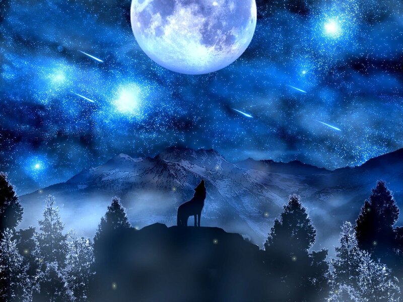 Wolf Howling at Moon — Blue, Dramatic, Night, Digital Art, Mountains