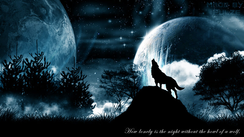 Wolf Howling at Moon — Blue, Dramatic, Night, Digital Art, Trees, Stars