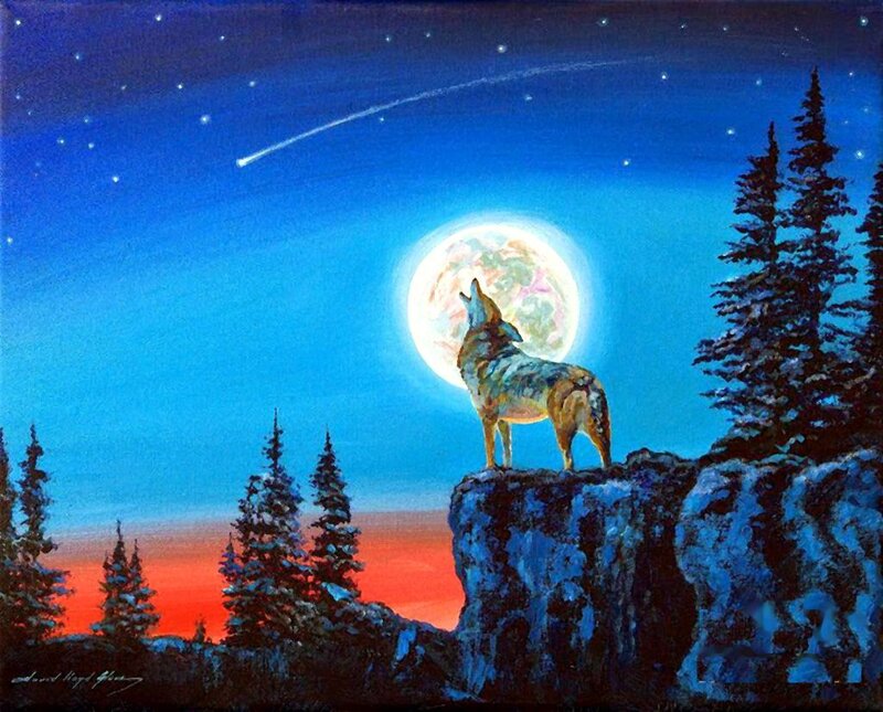 Wolf Howling at Moon — Blue, Dramatic, Night, Painting, Forest