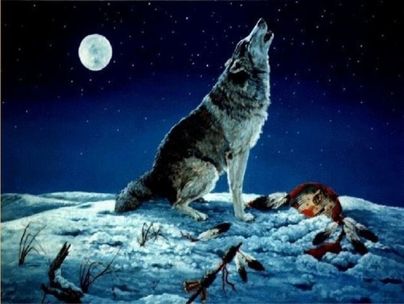Wolf Howling at Moon — Blue, Dramatic, Night, Painting