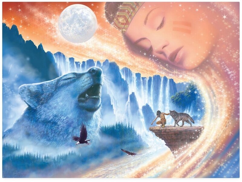 Wolf Howling at Moon — Blue, Dreamy