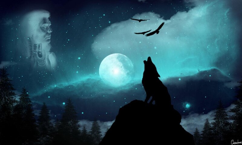 Wolf Howling at Moon — Blue, Mystical