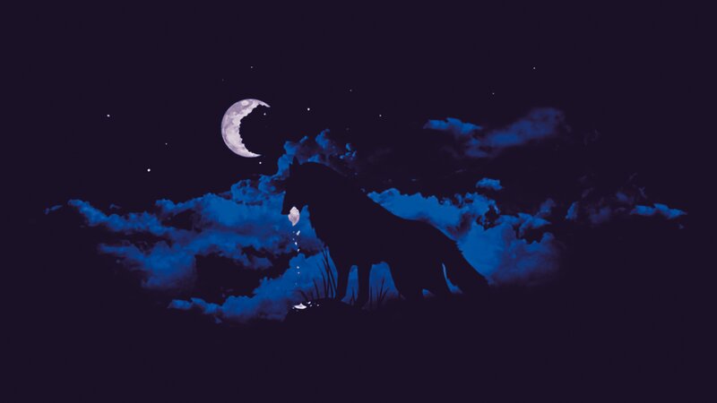 Wolf Howling at Moon — Blue, Serene, Night, Digital Art, Clouds
