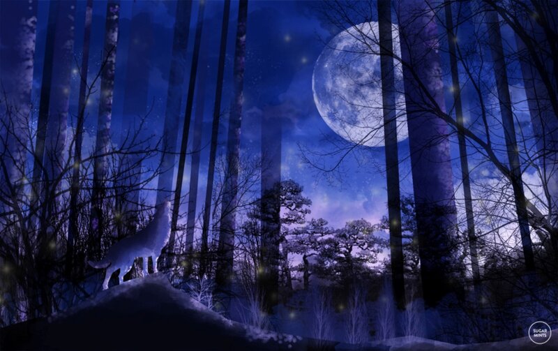Wolf Howling at Moon — Blue, Serene, Night, Digital Art, Forest