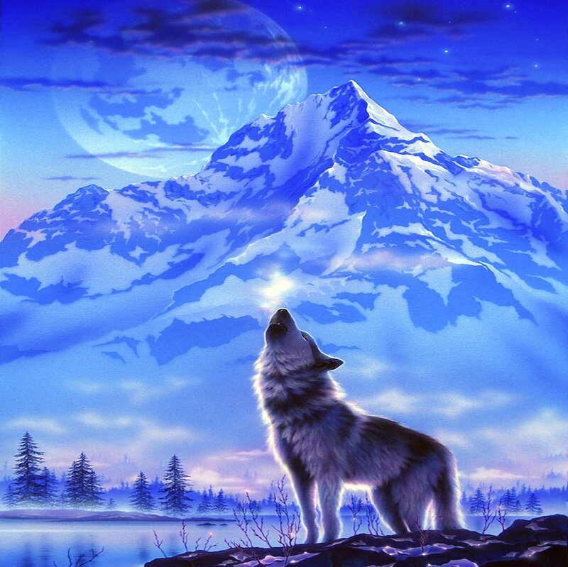 Wolf Howling at Moon — Blue, Serene, Night, Digital Art, Mountain
