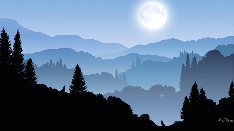 Wolf Howling at Moon — Blue, Serene, Night, Digital Art, Mountains, Trees