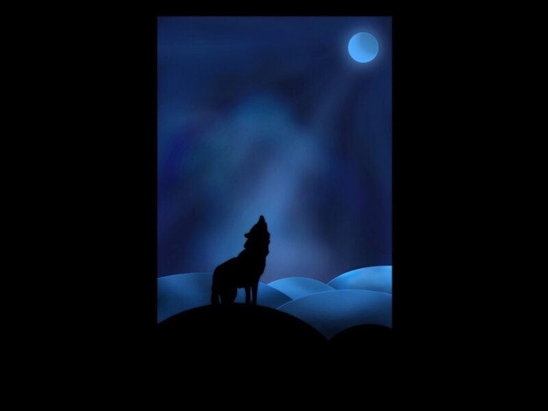 Wolf Howling at Moon — Blue, Serene, Night, Digital Art