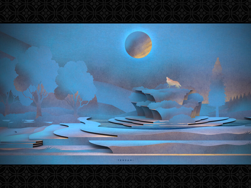 Wolf Howling at Moon — Blue, Serene, Night, Digital Art, Trees