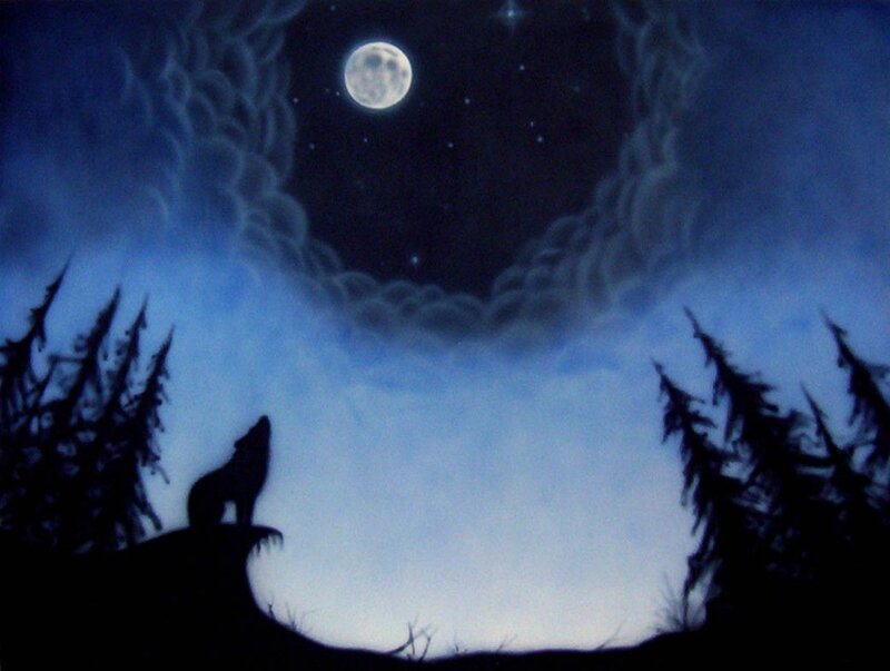 Wolf Howling at Moon — Blue, Serene, Night, Illustration