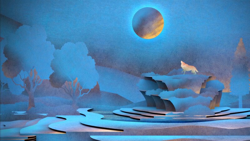 Wolf Howling at Moon — Blue, Serene, Night, Illustration, Trees, River