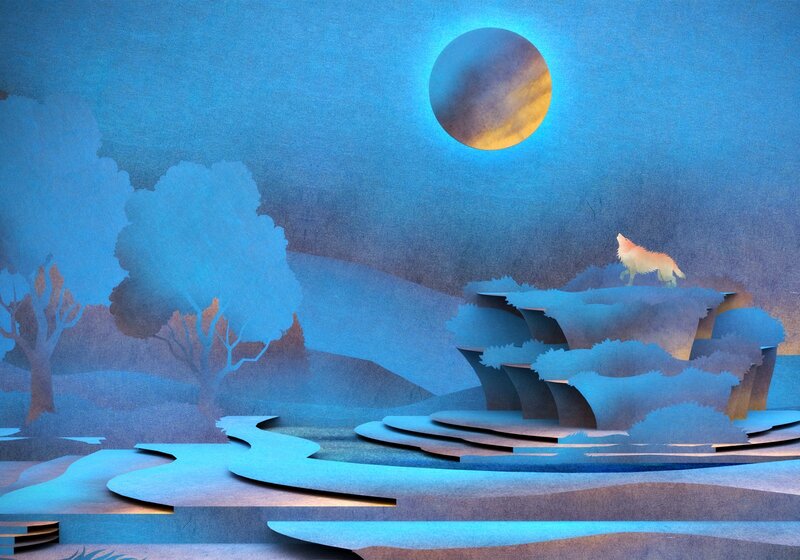 Wolf Howling at Moon — Blue, Serene, Night, Illustration, Trees