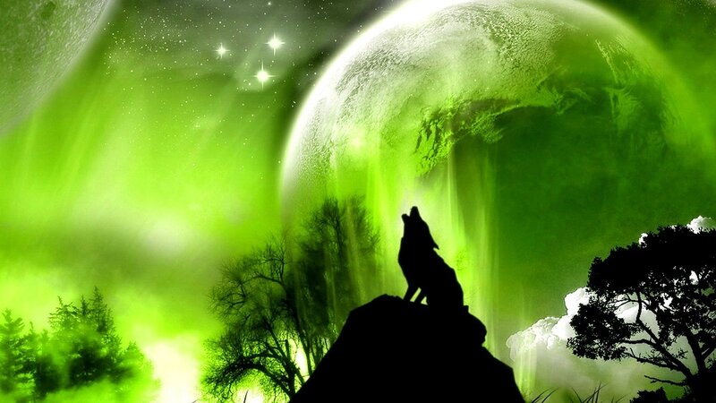 Wolf Howling at Moon — Green, Dramatic