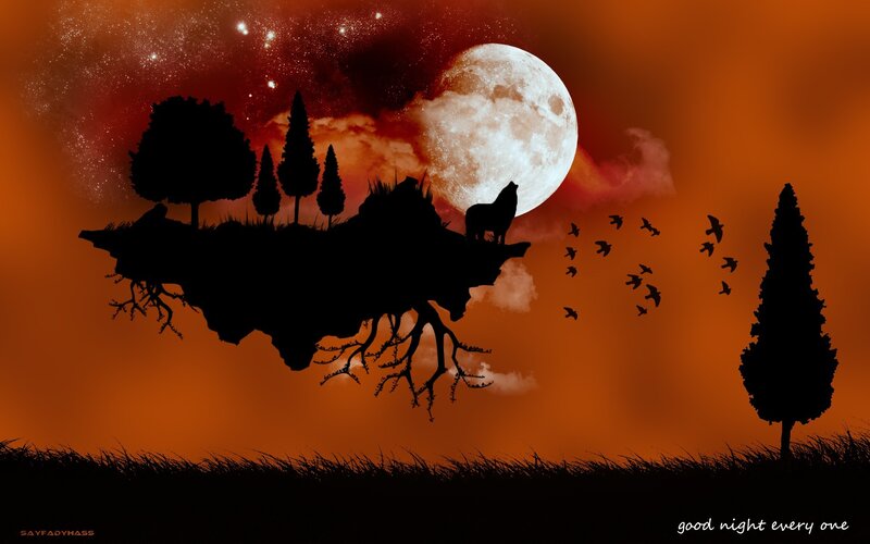 Wolf Howling at Moon — Orange, Dramatic, Night, Digital Art