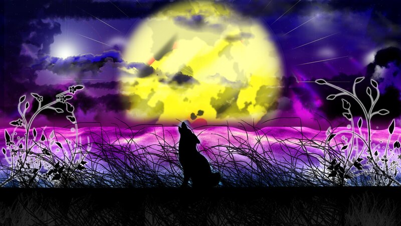 Wolf Howling at Moon — Purple, Dramatic, Night, Digital Art, Grass