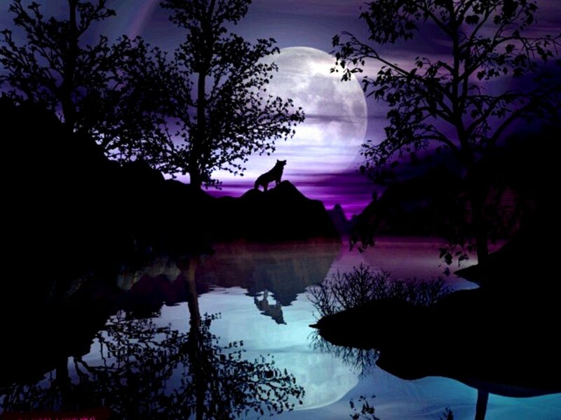 Wolf Howling at Moon — Purple, Dramatic, Night, Digital Art, Lake