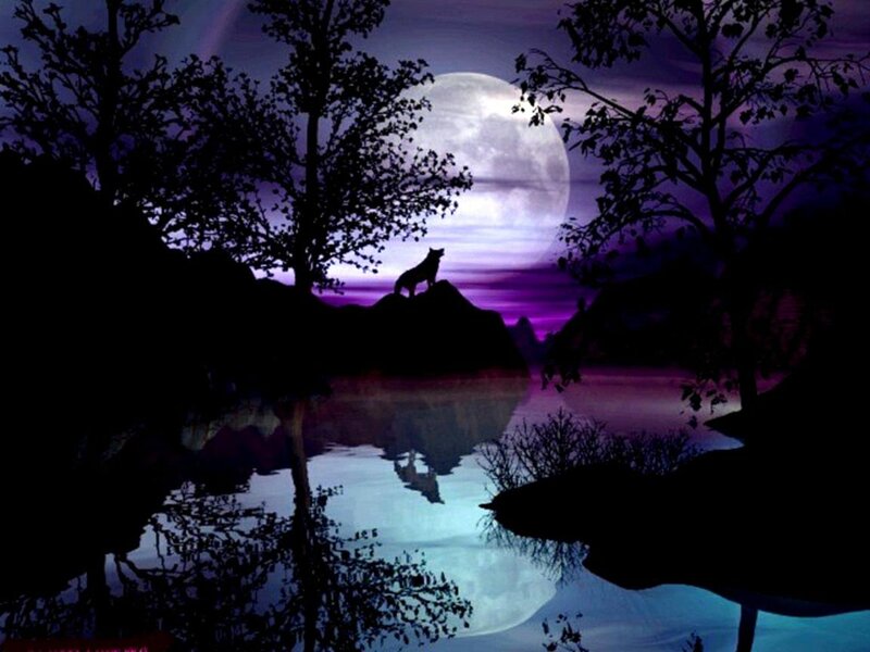 Wolf Howling at Moon — Purple, Dramatic, Night, Digital Art, Lake, Trees
