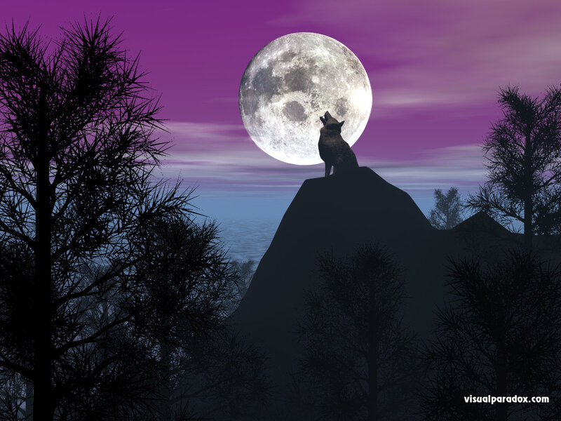 Wolf Howling at Moon — Purple, Dramatic, Night, Digital Art, Mountain