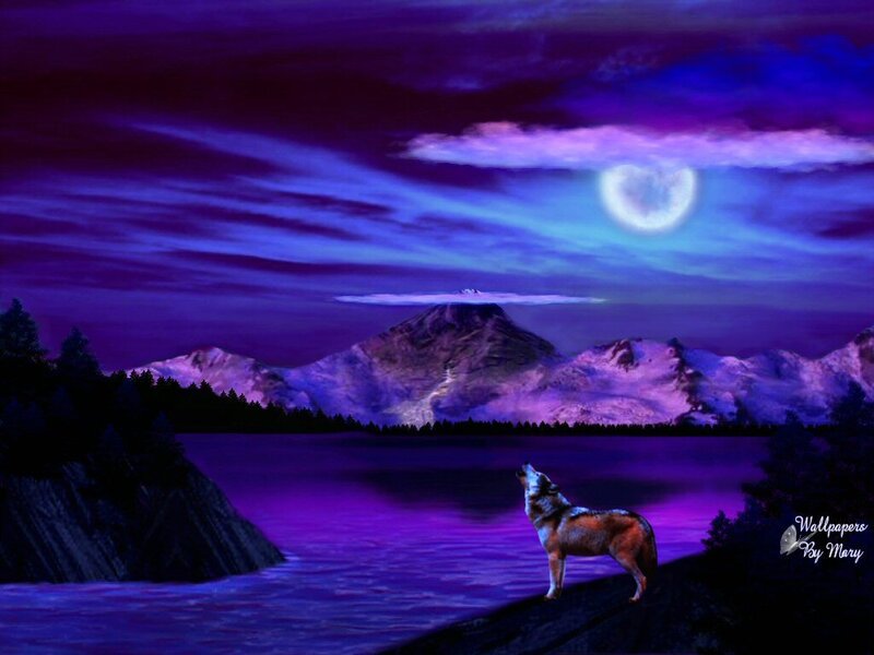 Wolf Howling at Moon — Purple, Dramatic, Night, Digital Art, Mountains
