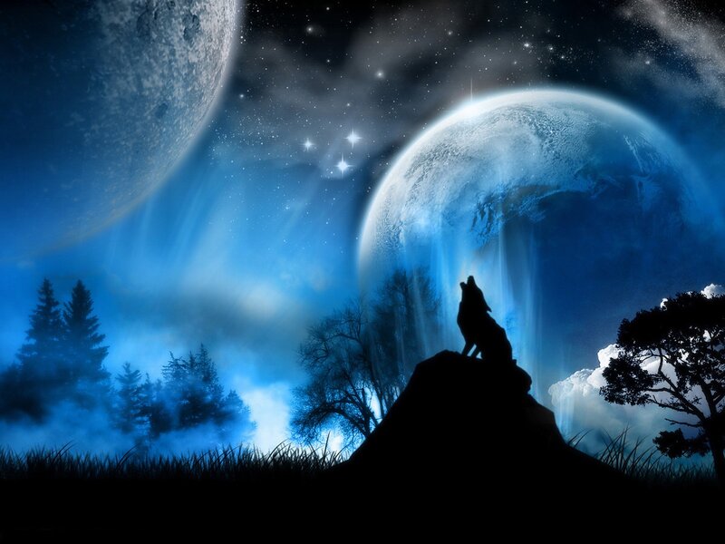 Wolf Howling at Night — Blue, Dramatic, Digital Art, Moon, Planet