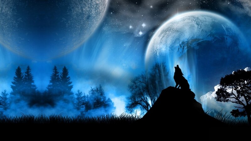 Wolf Howling at Night — Blue, Dramatic, Digital Art, Moon, Stars