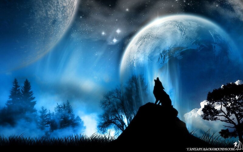 Wolf Howling at Night — Blue, Dramatic, Digital Art, Moon, Stars, Trees