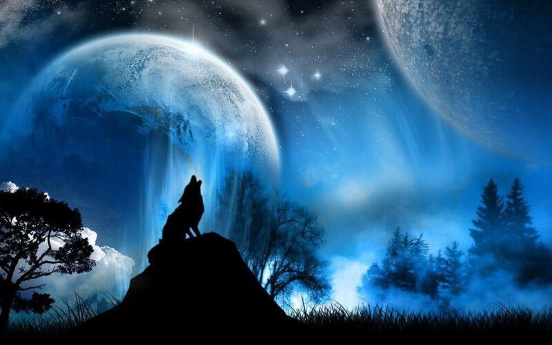 Wolf Howling at Night — Blue, Dramatic, Digital Art, Moon